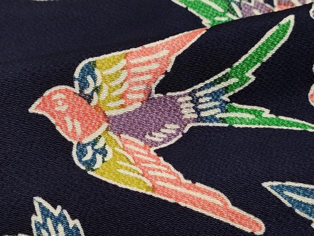 平和屋着物■上質な小紋　型染　花鳥文　鬼しぼ縮緬　正絹　逸品　DABK6259qa