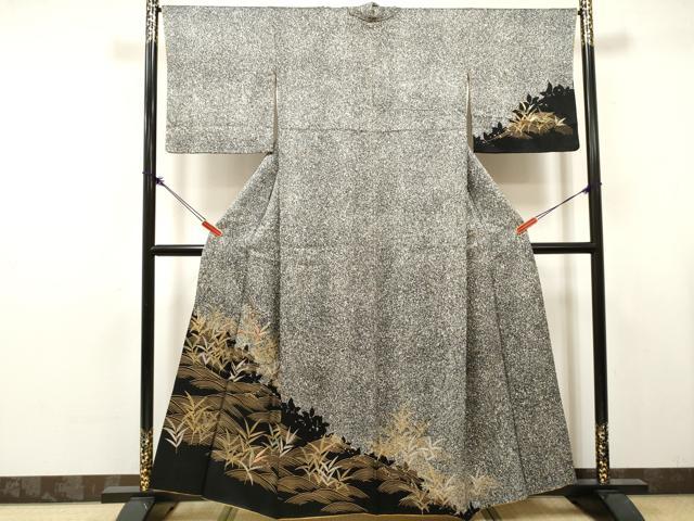 平和屋着物■訪問着　刺繍　立波草葉文　シルエット　たたき染め　黒地　金銀彩　正絹　逸品　DABK6266qa