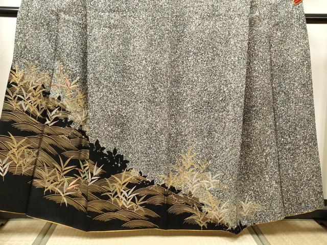 平和屋着物■訪問着　刺繍　立波草葉文　シルエット　たたき染め　黒地　金銀彩　正絹　逸品　DABK6266qa