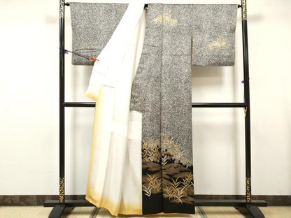 平和屋着物■訪問着　刺繍　立波草葉文　シルエット　たたき染め　黒地　金銀彩　正絹　逸品　DABK6266qa