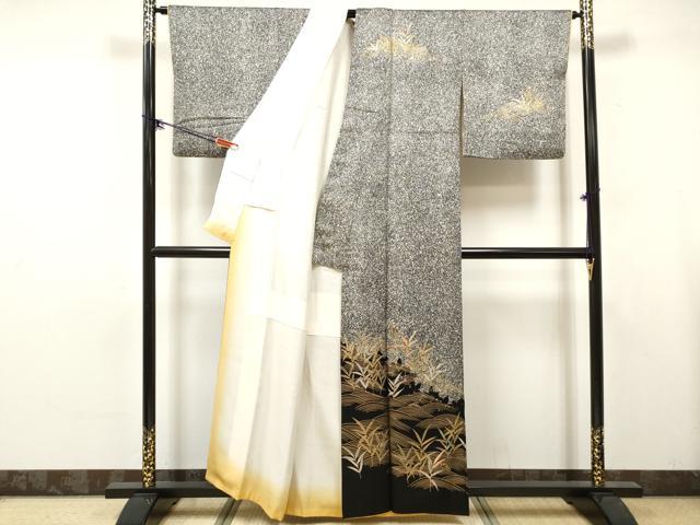 平和屋着物■訪問着　刺繍　立波草葉文　シルエット　たたき染め　黒地　金銀彩　正絹　逸品　DABK6266qa