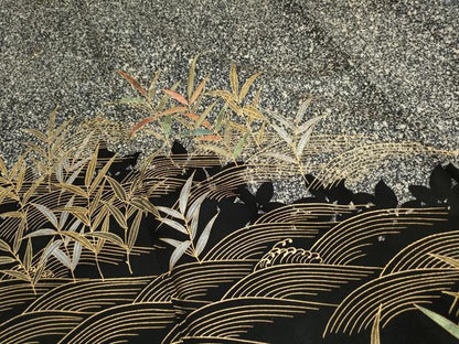 平和屋着物■訪問着　刺繍　立波草葉文　シルエット　たたき染め　黒地　金銀彩　正絹　逸品　DABK6266qa