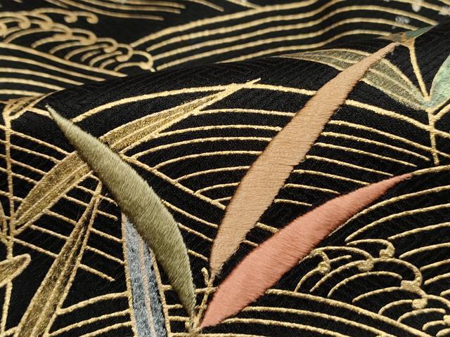 平和屋着物■訪問着　刺繍　立波草葉文　シルエット　たたき染め　黒地　金銀彩　正絹　逸品　DABK6266qa