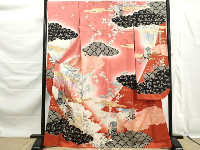 平和屋着物■豪華振袖　駒刺繍　御所車飛鶴花文　暈し染め　金銀彩　正絹　逸品　DABK6369qa