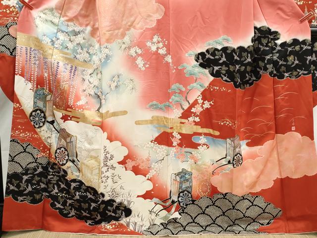 平和屋着物■豪華振袖　駒刺繍　御所車飛鶴花文　暈し染め　金銀彩　正絹　逸品　DABK6369qa