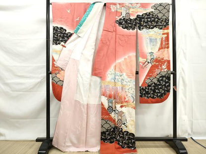 平和屋着物■豪華振袖　駒刺繍　御所車飛鶴花文　暈し染め　金銀彩　正絹　逸品　DABK6369qa