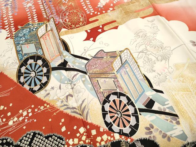平和屋着物■豪華振袖　駒刺繍　御所車飛鶴花文　暈し染め　金銀彩　正絹　逸品　DABK6369qa