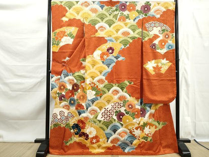 平和屋着物■豪華振袖　駒刺繍　地紙青海波花文　牡丹　金彩　正絹　逸品　DABK6370qa
