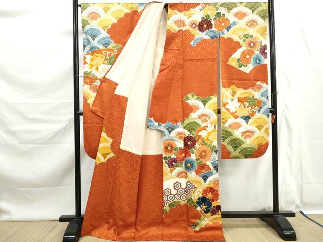 平和屋着物■豪華振袖　駒刺繍　地紙青海波花文　牡丹　金彩　正絹　逸品　DABK6370qa