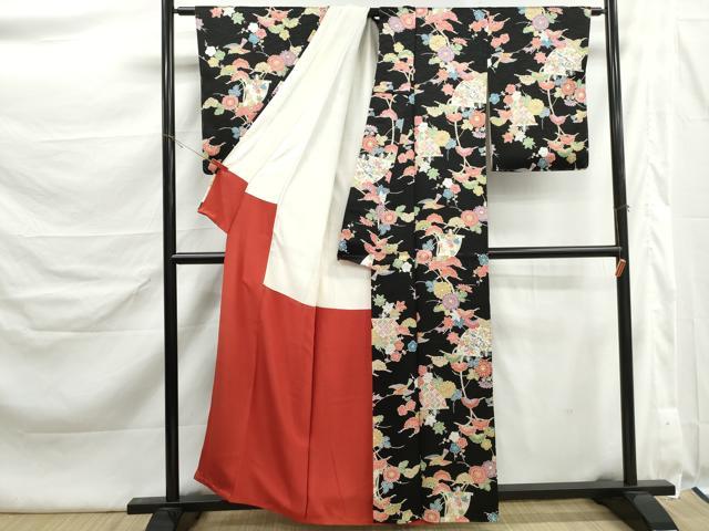 平和屋着物■上質な小紋　花鳥文　黒地　金彩　正絹　逸品　DABK6396qa