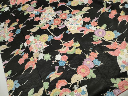 平和屋着物■上質な小紋　花鳥文　黒地　金彩　正絹　逸品　DABK6396qa