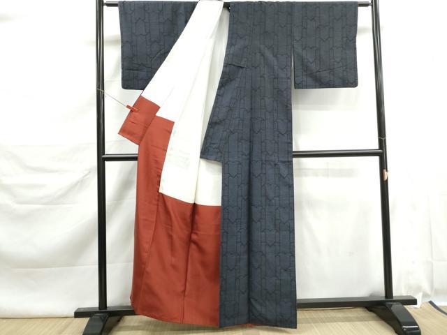 平和屋着物■結城紬　80亀甲　幾何学文　正絹　逸品　DABK6415qa