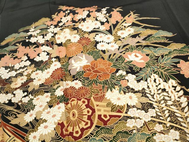 平和屋着物■豪華黒留袖　天井扇面花車文　鶴　金彩　正絹　逸品　DABK6453qa