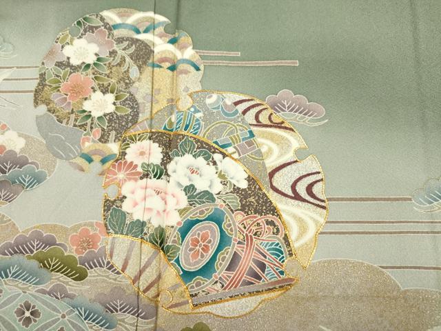 平和屋着物■豪華色留袖　駒刺繍　雪輪扇面花鼓文　暈し染め　金彩　正絹　逸品　DABK6532ya