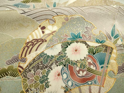 平和屋着物■豪華色留袖　駒刺繍　雪輪扇面花鼓文　暈し染め　金彩　正絹　逸品　DABK6532ya