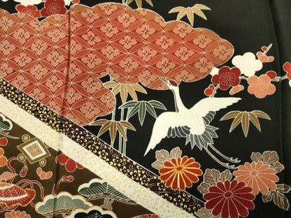 平和屋着物■豪華黒留袖　駒刺繍　飛鶴吉祥花文　松竹梅　金彩　正絹　逸品　DABK6533ya