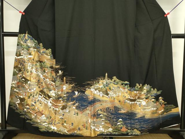 平和屋着物■豪華黒留袖　人物風景文　金彩　正絹　逸品　DABK6535ya