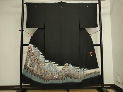 平和屋着物■豪華黒留袖　友禅　作家物　飛鶴風景花松文　枝梅　暈し染め　さが美扱い　正絹　逸品　DABK6546ya