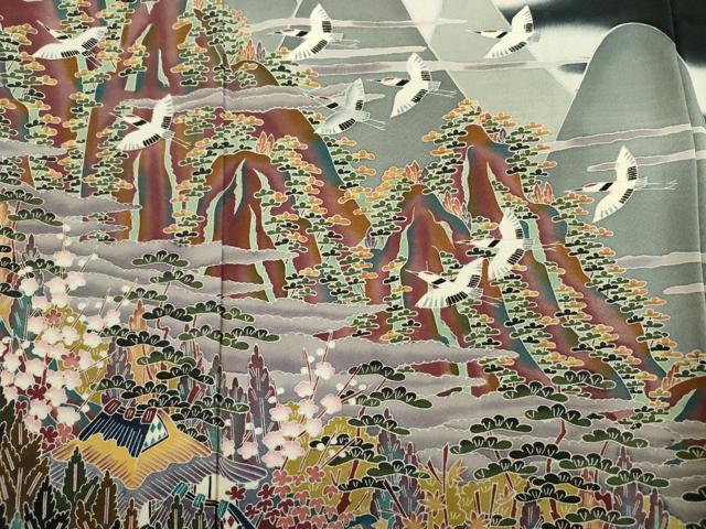 平和屋着物■豪華黒留袖　友禅　作家物　飛鶴風景花松文　枝梅　暈し染め　さが美扱い　正絹　逸品　DABK6546ya