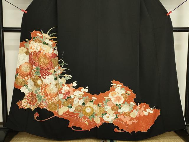 平和屋着物■豪華黒留袖　駒刺繍　乱菊　花車文　金彩　正絹　逸品　DABK6550ya