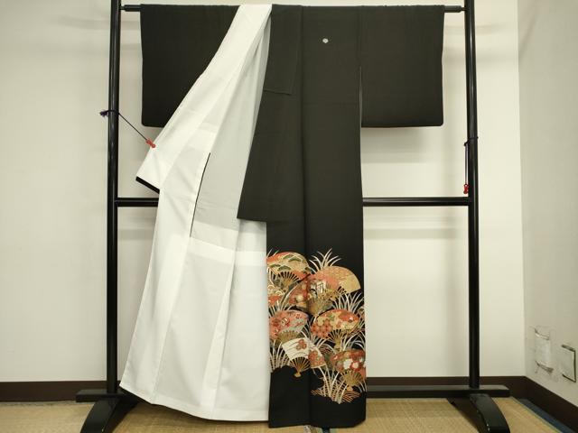平和屋着物■豪華黒留袖　扇面御所車花文　宝尽くし　金彩　正絹　逸品　DABK6567ya