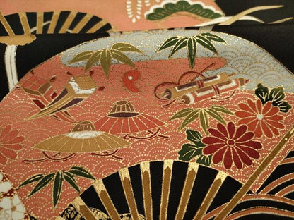 平和屋着物■豪華黒留袖　扇面御所車花文　宝尽くし　金彩　正絹　逸品　DABK6567ya