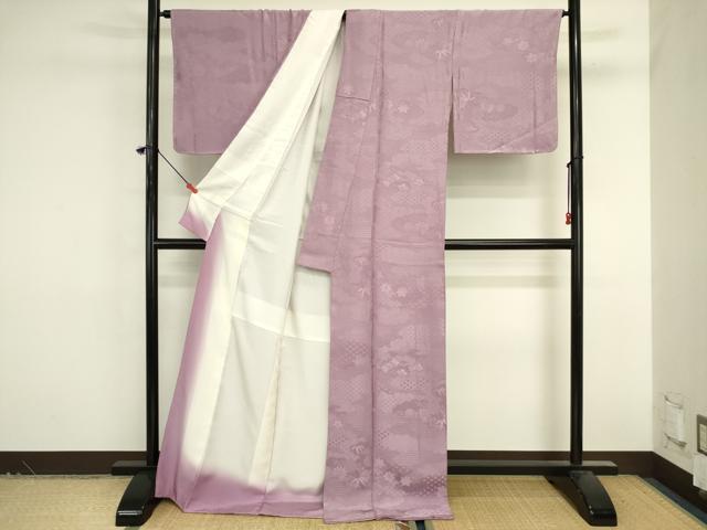 平和屋着物■上質な色無地　雲取り吉祥花地紋　浅紫色　ロング丈　正絹　逸品　未使用　DABK6587ya