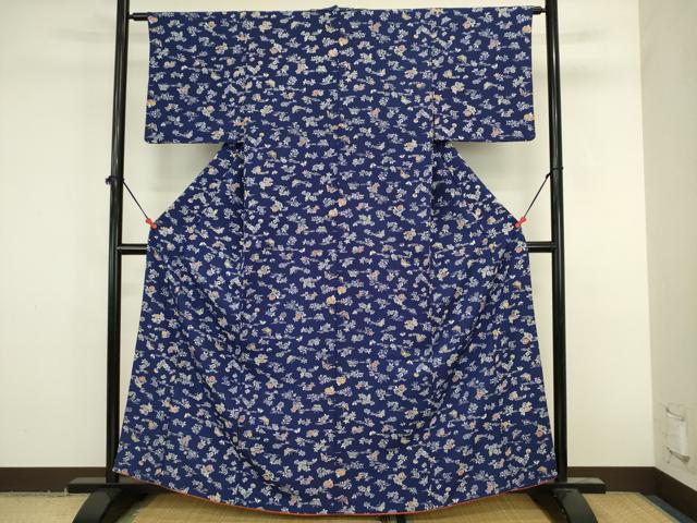 平和屋着物■上質な小紋　藍　型染め　舞蝶花文　正絹　逸品　DABK6645ya