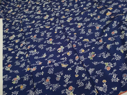 平和屋着物■上質な小紋　藍　型染め　舞蝶花文　正絹　逸品　DABK6645ya