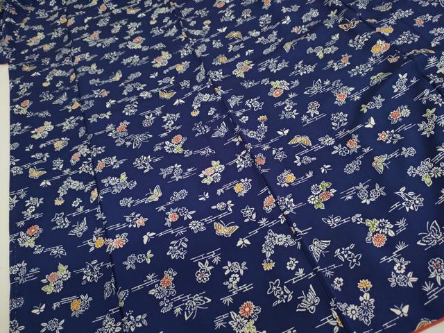 平和屋着物■上質な小紋　藍　型染め　舞蝶花文　正絹　逸品　DABK6645ya