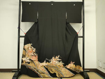 平和屋着物■豪華黒留袖　駒刺繍　扇面花車文　松竹梅　金彩　正絹　逸品　DABK6652ya