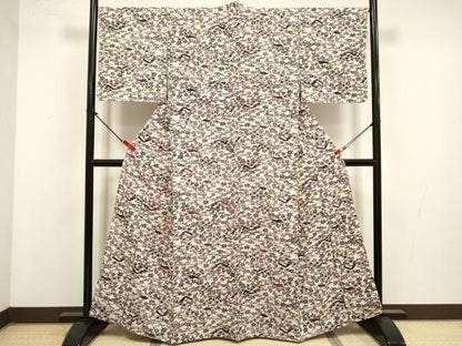 平和屋着物■上質な小紋　型染め　風景花鳥文　お召縮緬　正絹　逸品　DABK6692ya