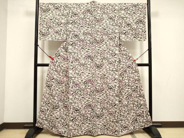 平和屋着物■上質な小紋　型染め　風景花鳥文　お召縮緬　正絹　逸品　DABK6692ya