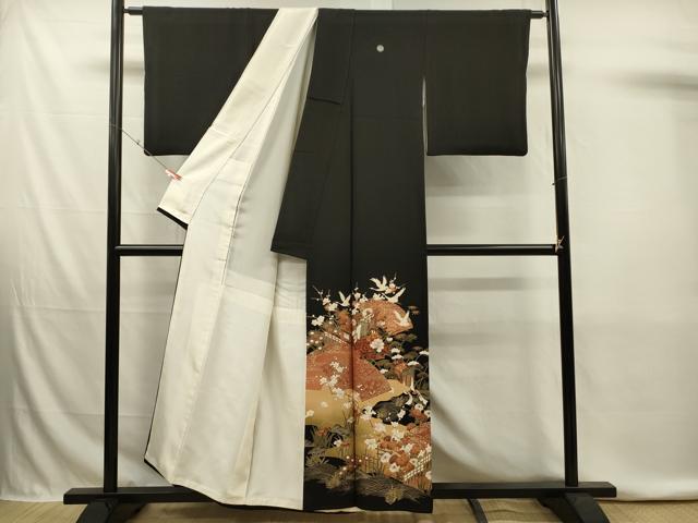 平和屋着物■豪華黒留袖　地紙御所車飛鶴花松文　金彩　正絹　逸品　DABK6710ya