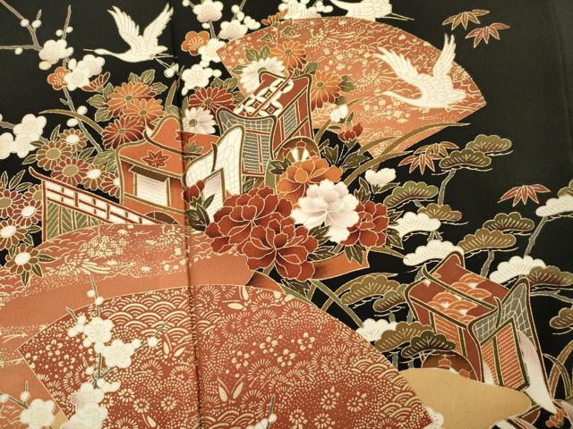 平和屋着物■豪華黒留袖　地紙御所車飛鶴花松文　金彩　正絹　逸品　DABK6710ya