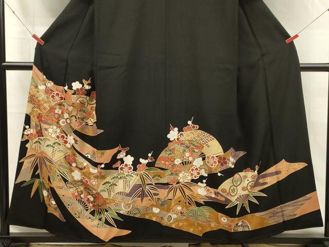平和屋着物■豪華黒留袖　駒刺繍　扇面御所車花熨斗文　松竹梅　金彩　正絹　逸品　DABK6712ya