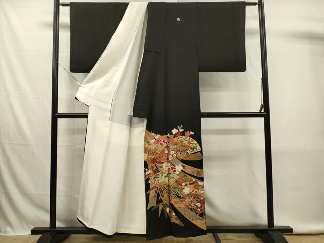平和屋着物■豪華黒留袖　駒刺繍　扇面御所車花熨斗文　松竹梅　金彩　正絹　逸品　DABK6712ya