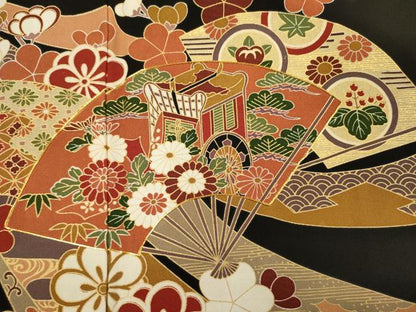 平和屋着物■豪華黒留袖　駒刺繍　扇面御所車花熨斗文　松竹梅　金彩　正絹　逸品　DABK6712ya