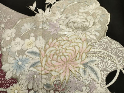 平和屋着物■豪華黒留袖　刺繍　草花文　乱菊　金銀糸　正絹　逸品　DABK6773ya
