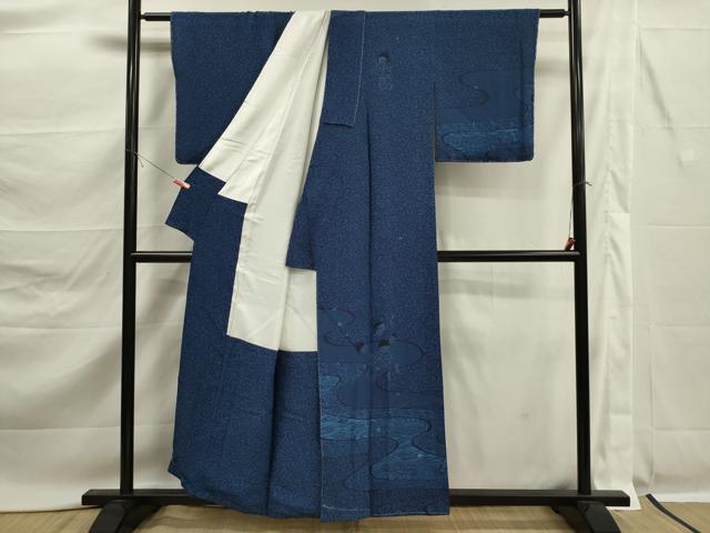 平和屋着物■訪問着　藍　型染め　流水風景文　童子　正絹　逸品　未使用　DABK6785ya