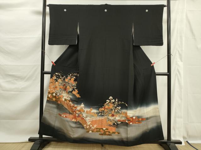 平和屋着物■豪華黒留袖　渡橋風景草花文　暈し染め　金彩　正絹　逸品　DABK6789ya