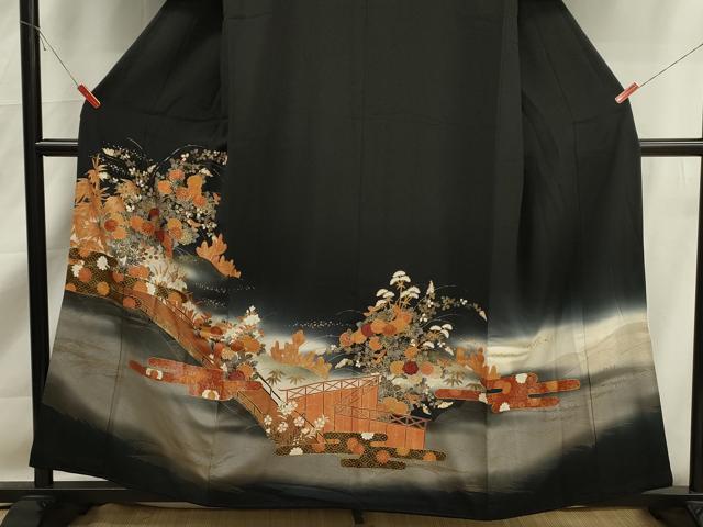 平和屋着物■豪華黒留袖　渡橋風景草花文　暈し染め　金彩　正絹　逸品　DABK6789ya