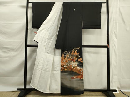 平和屋着物■豪華黒留袖　渡橋風景草花文　暈し染め　金彩　正絹　逸品　DABK6789ya