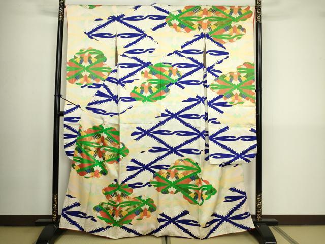 平和屋着物■豪華振袖　駒刺繍　双鶴菱文　金糸　正絹　逸品　DABK6841ya