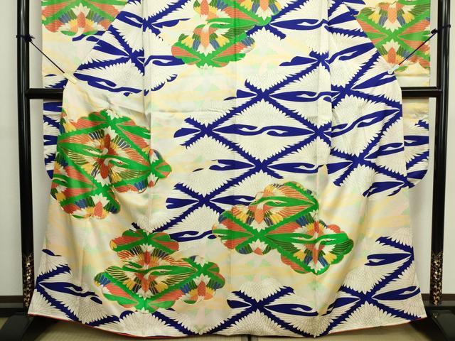 平和屋着物■豪華振袖　駒刺繍　双鶴菱文　金糸　正絹　逸品　DABK6841ya