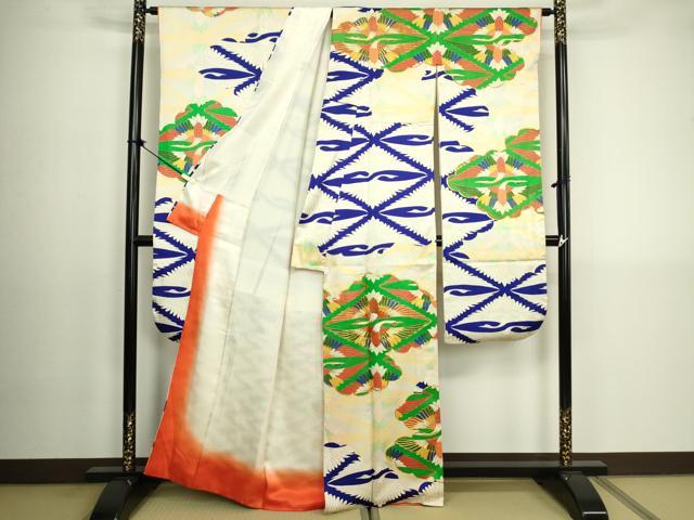 平和屋着物■豪華振袖　駒刺繍　双鶴菱文　金糸　正絹　逸品　DABK6841ya