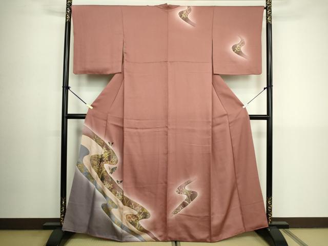 平和屋着物■訪問着　流水舞蝶草葉文　暈し染め　金銀彩　正絹　逸品　DABK6842ya