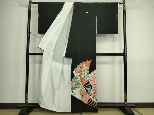 平和屋着物■豪華黒留袖　友禅　作家物　扇面花松文　正絹　逸品　DABK6850ya