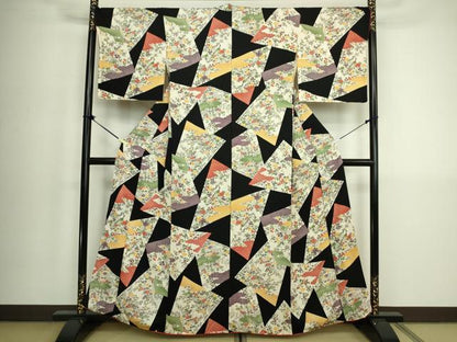 平和屋着物■上質な小紋　型染め　花鳥文　黒地　正絹　逸品　DABK6864ya