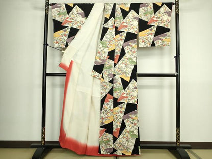 平和屋着物■上質な小紋　型染め　花鳥文　黒地　正絹　逸品　DABK6864ya